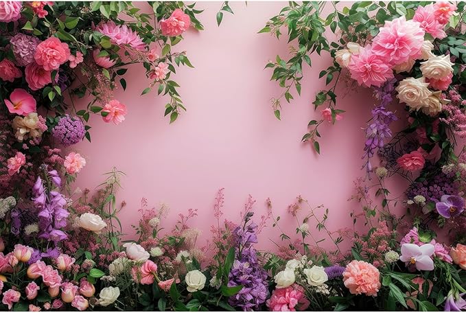 Flowers Photography Backdrop Colorful Flowers Composition Green Leaves on Pink Background for Girls Kids Children Wall Banner Cake Table Decoration Video Studio Photo Portrait Props 15x8ft