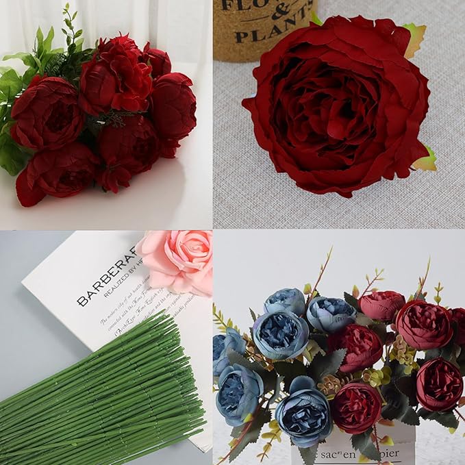 FagusHome 25 Pcs Silk Peony Artificial Flower Heads 4 inch Fake Peony Flowers Heads with Stems Artificial Peony Flower Heads in Bulk Wholesale for Wedding Home Decor (Dark Red)