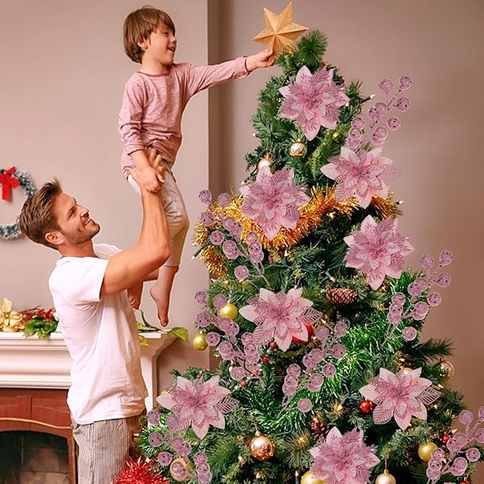 24 Pcs Pink Boxed Christmas Poinsettia Flowers Set, 16 Pcs Artificial Poinsettias with Clips, 8 pcs Glitter Christmas Tree Ornaments Berry Stems for Wedding Home Holiday Xmas New Year Decorations