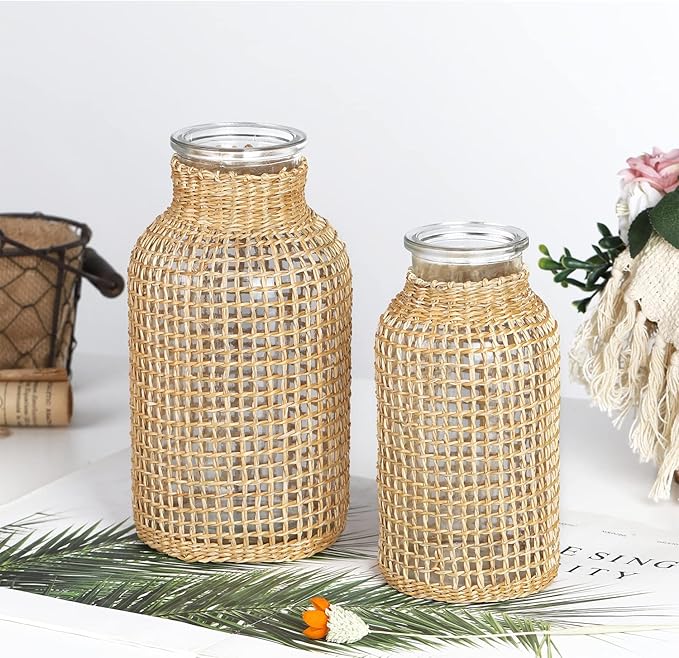 WHJY Boho Glass Vase, Rattan Vase, Farmhouse Rattan Décor, Round Flower Vase Basket Vase for Floral Arrangements -8 inch