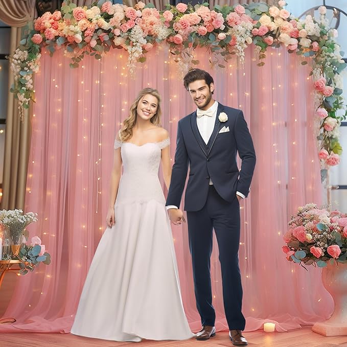 10x8ft Dusty Rose Tulle Backdrop Curtain with Lights String for Parites, Sheer Backdrop Curtains for Wedding Baby Shower Birthday Party Photo Shoot Decorations