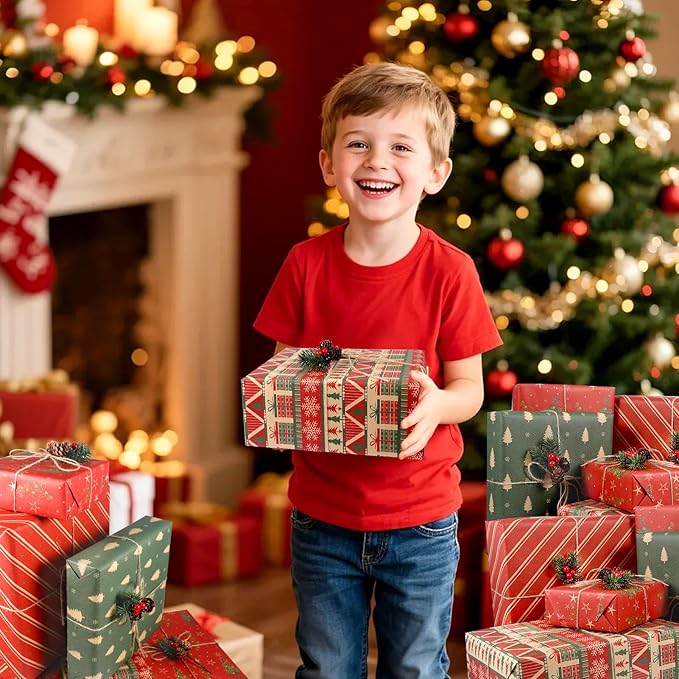 Panigkids Christmas Wrapping Paper(Including Jute Twine), 4 Rolls vintage wrapping paper with Geometric Stripes, Tree & Snowflakes Designs for Christmas Gift Wrap, Thanksgiving & Holiday & Party , 16.9'' x 16.4'
