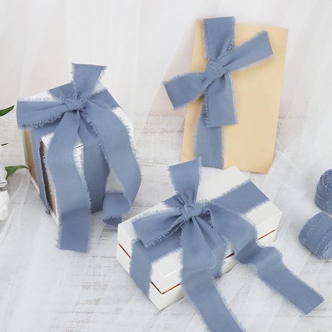 Dusty Blue Ribbon 1-1/2 x 15 Yards Handmade Cotton Frayed Fringe Fabric Ribbons for Crafts Flower Bouquets Wedding Baby Shower Home DIY Decor