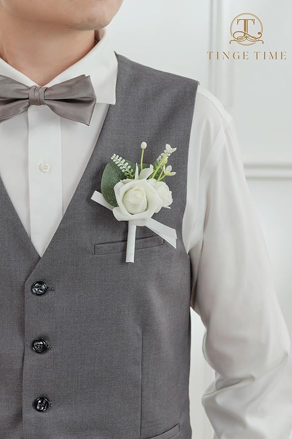 TINGE TIME 2PCS Boutonniere for Men, Groom and Groomsmen Boutonniere for Wedding, Prom, Homecoming, Anniversary, Graduation(White)