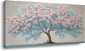 IDAFU Pink Tree of Life Canvas Wall Art Pink Flower Tree Wall Décor Abstract Pink Flowering Tree on Teal Blue Nature Landscape Painting Ready for Living Room, Bedroom, Office Home Décor 46L x 23W