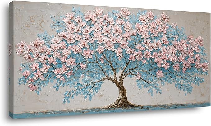 IDAFU Pink Tree of Life Canvas Wall Art Pink Flower Tree Wall Décor Abstract Pink Flowering Tree on Teal Blue Nature Landscape Painting Ready for Living Room, Bedroom, Office Home Décor 58L x 28W