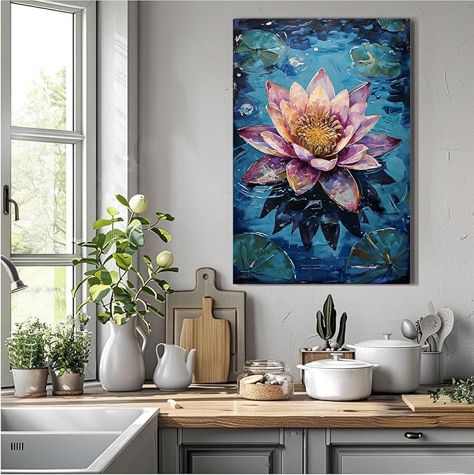 Gorgeous pink and purple water lilies on deep blue water Eye-catching oil painting Serene aquatic wall art for modern home decor 24x36in Frameless