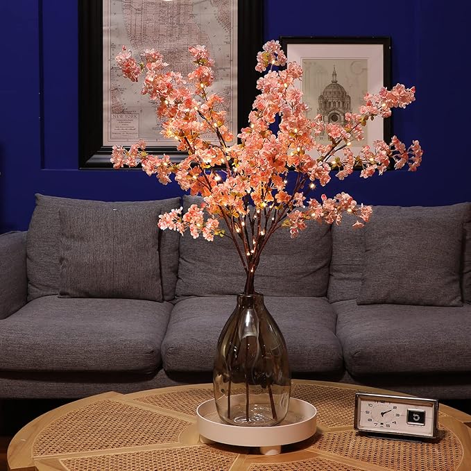 Sunm Boutique 3 PCS Silk Cherry Blossom Branches - Lighted Brown Twig Branches, Artificial White Flower Stems, 39'' Faux Tree for Wedding Home Decor