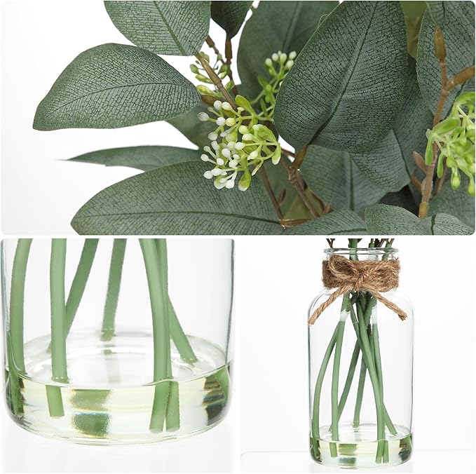 Hollyone 16.1" Artificial Eucalyptus Stems with Glass Vase with Faux Water Fake Plant Eucalyptus in Vase for Home Decor Greenery Plants Wedding Bathroom Office Table Centerpiece Shelf Decorations