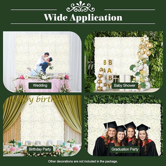 10 PCS Flower Wall Panel Artificial Flowers Wall Decoration 24" x 16" Decorative Hydrangea Flower Panels Wall for Home Party Wedding Christmas Festival Photo Backgdrop Decor (10 PCS, White)