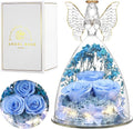 Christmas Rose Gifts for Women Preserved Real Flower in Glass Angel Figurines Roses for Delivery Prime Birthday Gifts for Mom Grandma Girlfriend Wife Her, Sky Blue