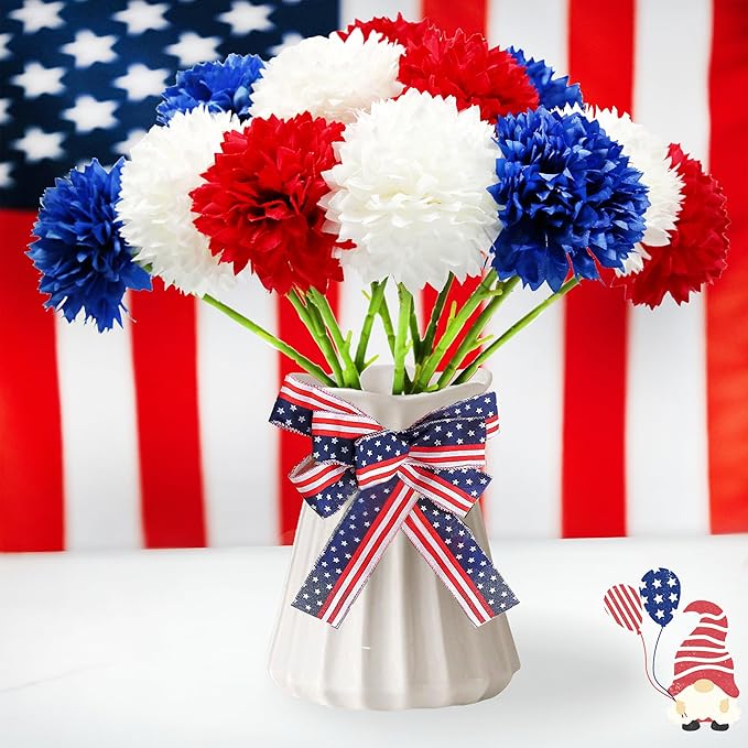 Tinsow 12 pcs Artificial Flower Patriotic Memorial Bouquet Red White and Blue Faux Ball Chrysanthemum Bouquet 4th of July Flowers Silk Flowers Arrangement for Home Party Centerpiece Vase Decor