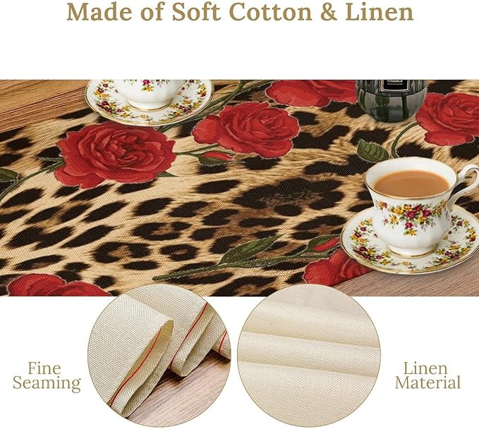Red Rose Leopard Print Table Runner, Romantic Vintage Rose Flower Spring Summer Dinner Runner Table Decoration for Home Kitchen Dining Holiday Wedding Party 13x108in