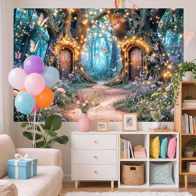 5X3ft Enchanted Forest Backdrop Fairy Enchanted Wonderland Garden Floral Butterfly Photography Background for Kids Girls Baby Shower Birthday Party Decoration Banner Cake Table Photo Booth Props