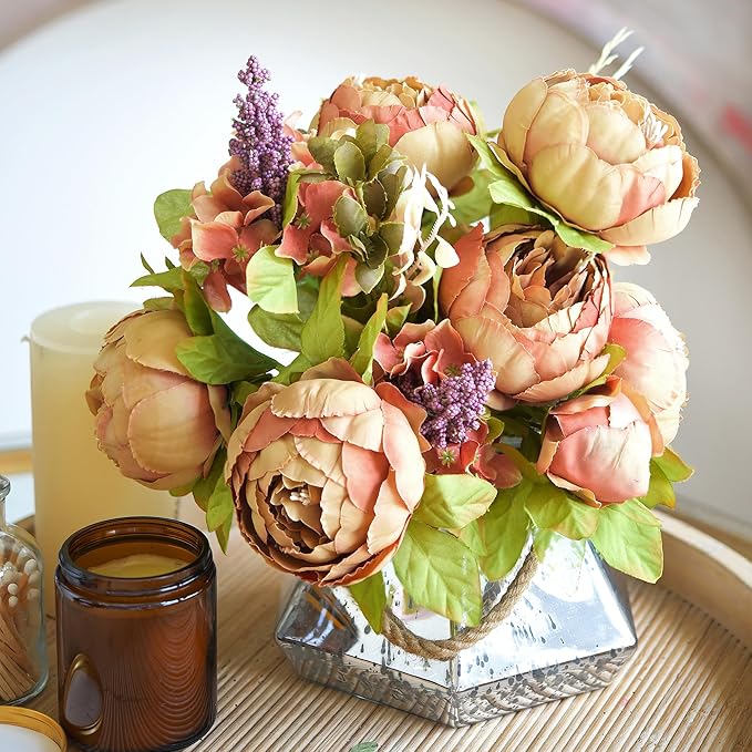 FiveSeasonStuff Vintage Artificial Peonies Silk Peony Flowers and Hydrangeas for Wedding Bridal Home Décor – Beautiful Floral Centerpiece Arrangement Decoration with 2 Bouquets (Tawny Brown)