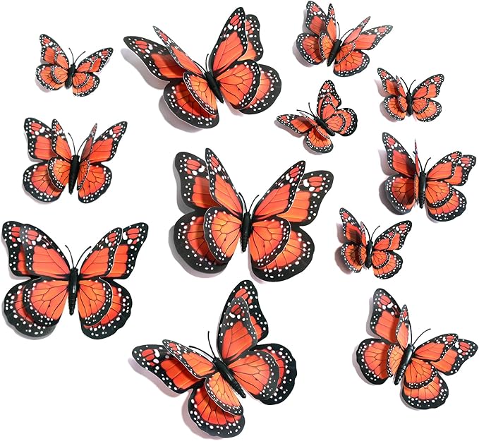 SAOROPEB 3D Butterfly Wall Decor, 48 Pcs Double Layer Butterfly Decorations for Party Decorations Locker Decor Refrigerator Decal, Reusable (Monarch)