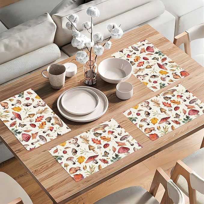 Mushroom Botanical Placemats Set of 4 Mushroom Plants Place Mats Botanic Waterproof Washable Table Mats Kitchen Dining Decoration 4 PCS
