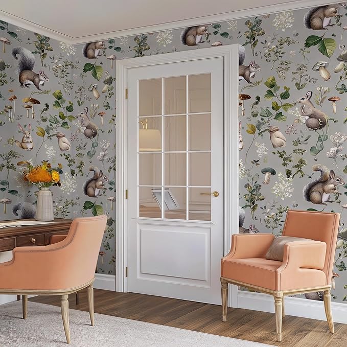 Whimsical Peel and Stick Floral Animal Wallpaper Squirrel Rabbit Removable Botanical Leaf 17.7" x 236.22" Wall Paper Watercolor Self Adhesive Contact Paper for Classroom Bedroom laundry room bathroom