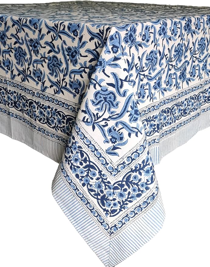 ATOSII Midnight Bloom 100% Cotton Summer Tablecloth, Block Print Blue Rectangle Table Cloth for Dining Table Parties Wedding Outdoor Decor 60 X 108 Inches I 8 Seater I Memorial Day