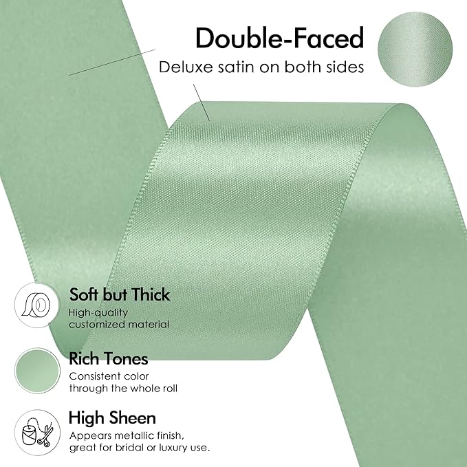 MEEDEE Sage Satin Ribbon 1-1/2 Inch Light Green Ribbon Lux Double Faced Satin Ribbons by 50 Yards Green Polyester Satin Ribbons for Crafts, Weddings, Flower Bouquet, Holiday Decorating