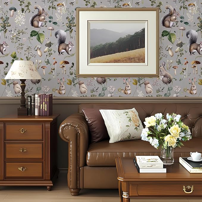 Whimsical Peel and Stick Floral Animal Contact Paper Squirrel Rabbit Removable Botanical Leaf Wallpaper 17.7" x 118.11" Wall Paper Watercolor Self Adhesive for Classroom Bedroom laundry room bathroom