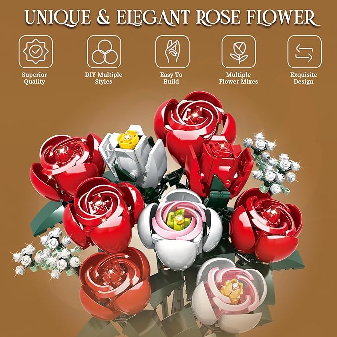 OKKIDY Roses Flowers Bouquet Building Set for Adults with Vase, Red Rose Artificial Flower Botanical Collection Plant Toy Kit, for Her Women Wife Mom, Home Decor(841PCS)