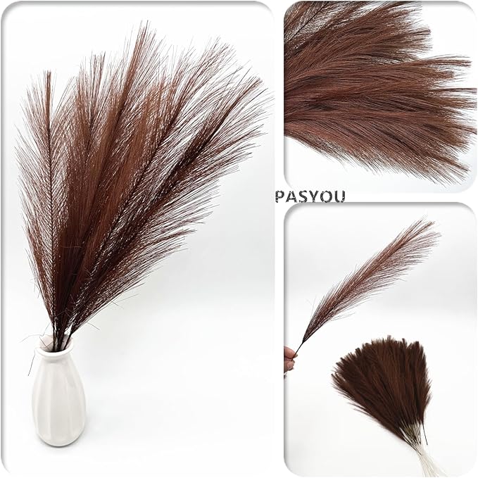 Fake Pampas Grass Plants Artificial Reeds Decoration Set of 28 Stems 17” Faux Florals Bulrush Fluffy Beige Branches Home Wedding Party Vase Fillers Christmas DIY Feathers Décor - Brown Coffee 28 Pcs