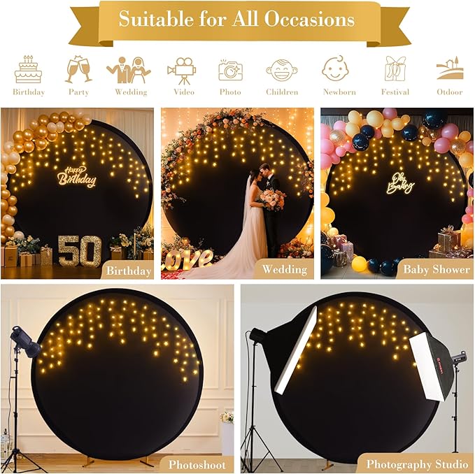 7.2 FT Black Round Backdrop Cover with Lights String for Circle Arch Stand Circle Backdrop Covers with LED Fairy Lights for Wedding Arch Baby Shower Birthday Party Photo Shoot Photography Background