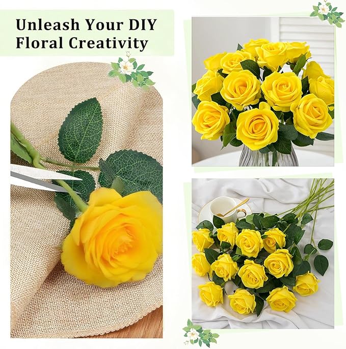 Yellow Roses Artificial Flowers 15 PCS, Fake Roses Silk Flowers with Long Stems, Faux Rose for Wedding Centerpieces, Home Decor, Indoor Floral Arrangements, Party Decor, DIY Bouquet (Yellow)