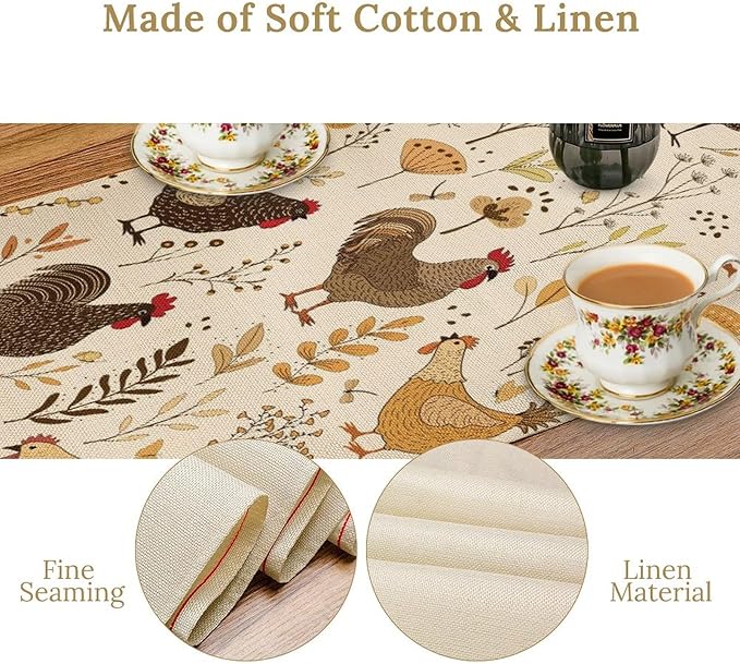 Farmhouse Rooster Table Runner, Rustic Farm Animals Cute Cartoon Chicken Floral Dinner Runner for Farmhouse Home Kitchen Dinner Table Holiday Party Decoration 13x70in