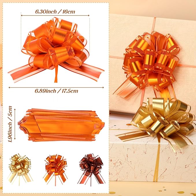 48 Pcs Christmas Large Pull Bows for Gift Wrapping 6 Inch Colorful Ribbon Pull Bows for Presents Boxes Basket Gifts Wrapping Xmas Birthday Wedding Holiday Party Decoration(Gold Orange Brown)