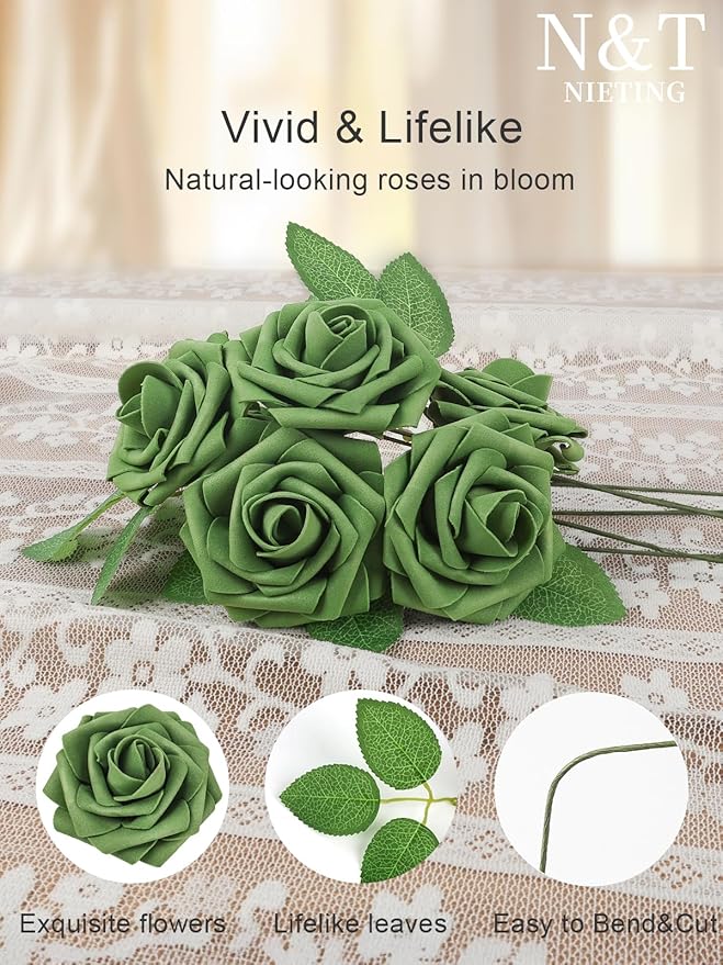 N&T NIETING Artificial Flowers Roses Army Green Foam Rose 50pcs Fake Flowers with Stem for DIY Wedding Bouquets Centerpieces Bridal Baby Shower Party Home Shower Arrangement Decoration