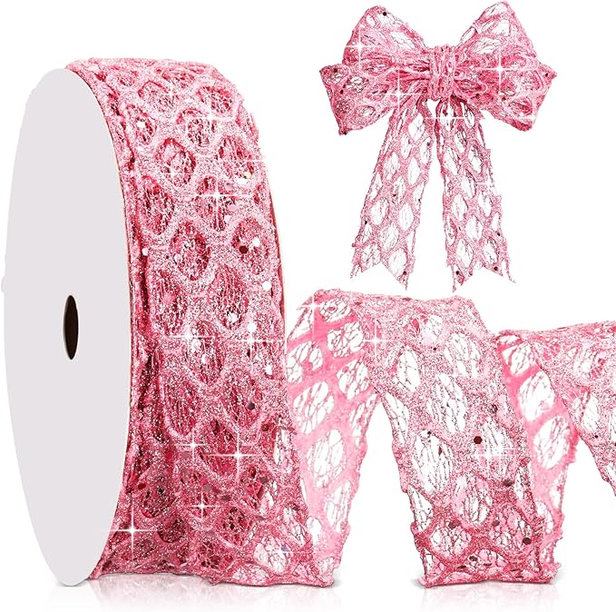 Geosar 20 Yards Pink Glitter Mesh Wired Ribbon for Christmas Tree Decorations, Gift Wrapping, DIY Craft, Xmas Wreaths, Cabinet Decor (1.5 Inch)