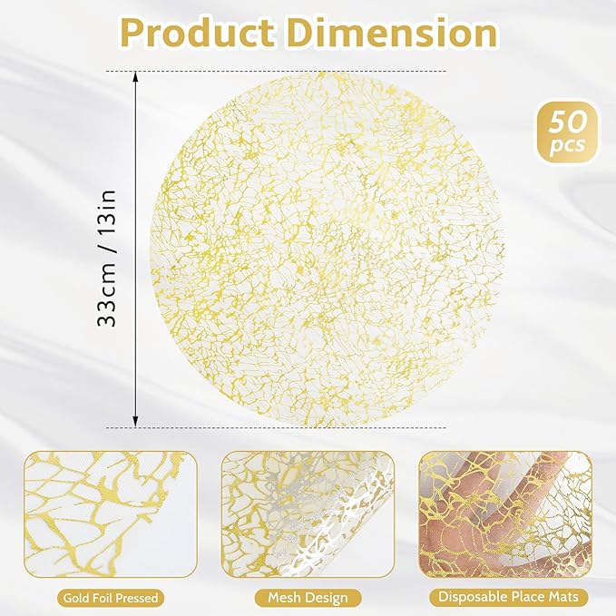 Hysenm 50 Pcs Disposable Gold Placemats Set Metallic 13 Inch Round Table Doilies, Ultra-Thin Messy Lines Disposable Placement Mats for Home Decoration Dining Table Wedding Birthday Party
