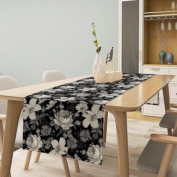Black Floral Table Runner, Abstract Vintage Black White Floral Plants Leaves Boho Dark Gothic Garden Table Runner for Indoor Outdoor Party Wedding Decor, 13x36inch