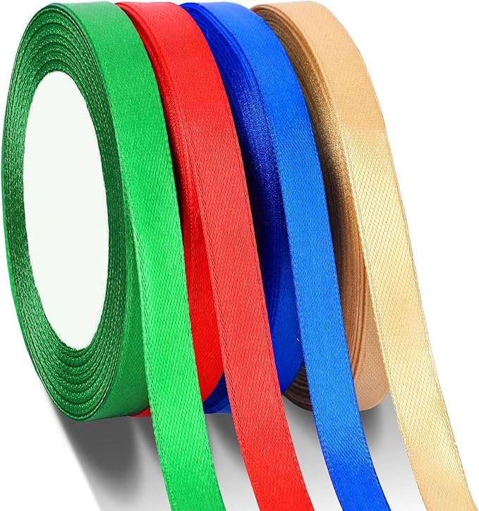 DECYOOL Christmas Ribbons, 4 Rolls 100 Yards Christmas Satin Ribbons 10mm Wide Holiday Craft Ribbons for Gift Wrapping and Xmas Decoration, Red & Green & Royal Blue & Champagne Gold