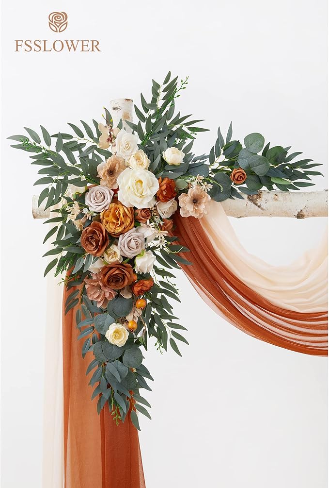Wedding Arch Flowers with Drapes Kit (Pack of 4) - 2pcs Artificial Terracotta Deluxe Swag with 2pcs Sheer Drapes for Wedding Ceremony Backdrop Rose Floral Decoration Arbor Reception