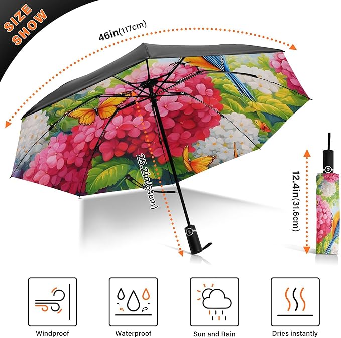 Automatic Folding Umbrella Windproof Strong, UV Protection Compact Floral Hydrangea Hummingbird Sun Rain Sun Rain Travel Umbrellas for Women Men