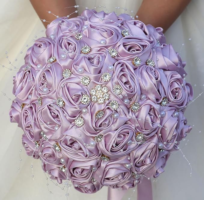 Bridal Wedding Bouquet Round Bling Brooch Bouquet Throw Toss Artificial Rose Flower Bunch for Bride Bridesmaid Wedding Quinceanera(Light Taro Purple, 9.8")