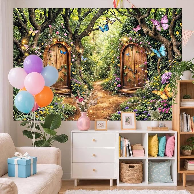 15X10ft Enchanted Forest Backdrop Fairy Tale Green Enchanted Garden Wonderland Floral Butterfly Photography Background for Kids Girl Baby Shower Birthday Party Decoration Banner Booth Props