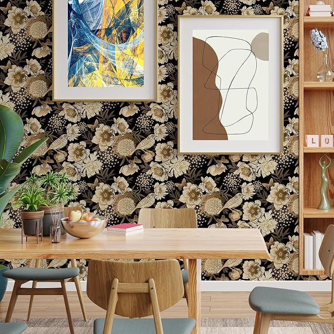 Floral & Birds Peel and Stick Wallpaper Antique Gold Black Self Adhesive Removable Floral Wallpaper for Bedroom Renter Friendly Floral Contact Paper for Bedroom Bathroom Walls Shelf Liner 17.7"x118.1"