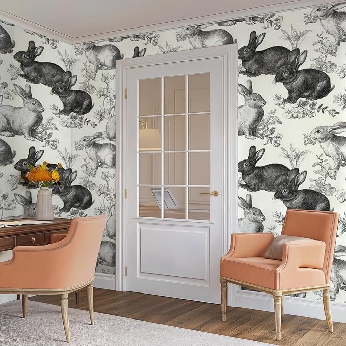 Floral Peel and Stick Vintage Animal Wallpaper Rabbit Removable Botanical Leaf Sketch 17.7" x 236.22" Wall Paper Self Adhesive Contact Paper for Classroom Bedroom Laundry Room Bathroom