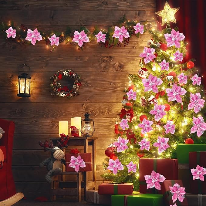 WILLBOND 36 Pieces Christmas Poinsettia Glitter Faux Flowers Christmas Artificial Flowers Tree Ornaments Topper Xmas Decorations(Pink)