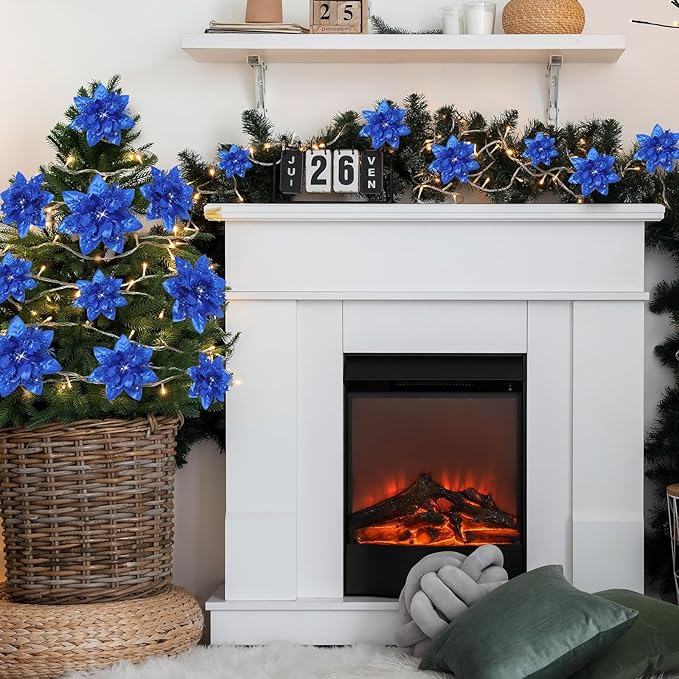 Geosar 36 Pcs Christmas Glitter Artificial Poinsettia Flowers Xmas Poinsettia Artificial Wedding Flowers Decorations Xmas Tree Ornaments with Clips for Party, 6 Inch, 4 Inch, 3 Inch(Royal Blue)