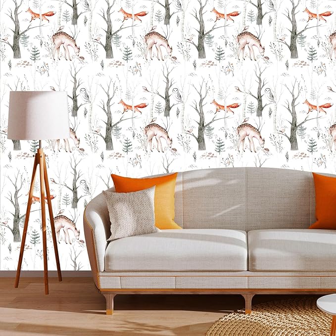 Forest Animals Peel & Stick Wallpaper - Self Adhesive Plants & Vintage Pattern - Removable Wallpaper for Bathroom - 17.71in X 118.1in