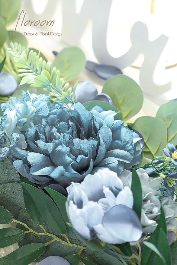 Floroom Dusty Blue Artificial Flowers Powder Blue Fake Roses Peony and Greenery Combo Box Set for DIY Wedding Bouquets Bridal Shower Centerpieces Floral Arrangements Party Tables Home Decorations