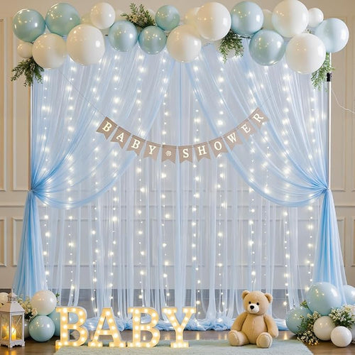 10ft x 8ft Baby Blue Tulle Photo Backdrop Curtain with Lights String for Parties Wedding Sheer Blue Curtain Backdrop for Birthday Party Baby Shower Boy Photo Booth Photography Background Decorations