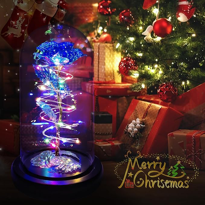 Childom Christmas Rose Gifts for Women,Birthday Gifts for Women Mom Christmas,Flowers for Delivery Prime,Blue Light Up Rose in A Glass Dome,Anniversary Flowers Gift for Her Grandma Valentines Day