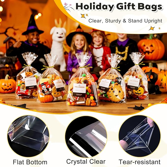 PigPotParty Cellophane Treat Bags 7"x10", 100 Pack Clear Goodie Bags, Bottom Gusset for Stand-Up Display, Small Plastic Gift Wrap for Cookies, Candy, Party Favors, Popcorn, Includes 100 Ties