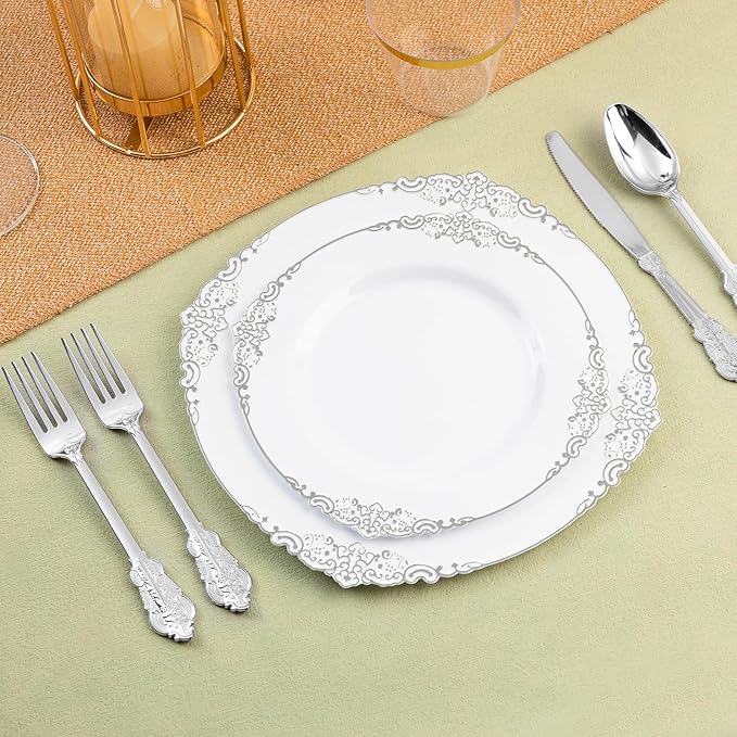 150PCS Silver Plastic Silverware for 50 Guests, Heavy Duty Silver Disposable Utensils Sets, Includes 50 Forks, 50 Spoons, 50 Knives, Elegant Cutlery Perfect for Wedding, Party